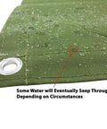 Close-up of Olive Green 12x16 Tarp, 12 Oz Polyester Heavy Duty, Water Resistant And Breathable, showing grommet and water beads