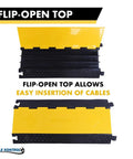 Flip-open top view of Beefy 3 Channel Cable Protector Ramp With 35 Inch Length Durable Rubber Wire Guard Black And Yellow 24000 Lbs Load Capacity Heavy Duty Cord Cover For Industrial Jobs Parking Lots And Construction Sites.