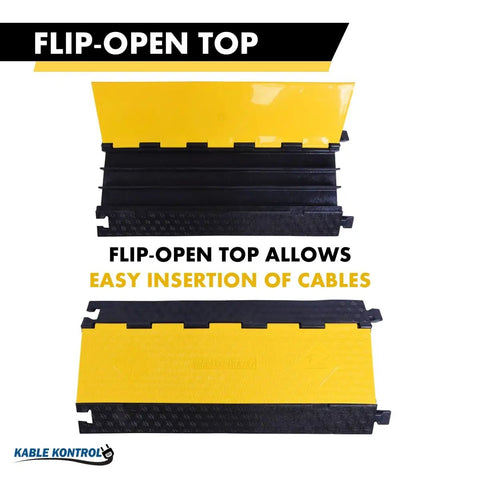 Flip-open top view of Beefy 3 Channel Cable Protector Ramp With 35 Inch Length Durable Rubber Wire Guard Black And Yellow 24000 Lbs Load Capacity Heavy Duty Cord Cover For Industrial Jobs Parking Lots And Construction Sites.