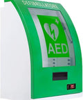 Front view of green steel AED defibrillator storage cabinet with clear window, key lock, and alarm