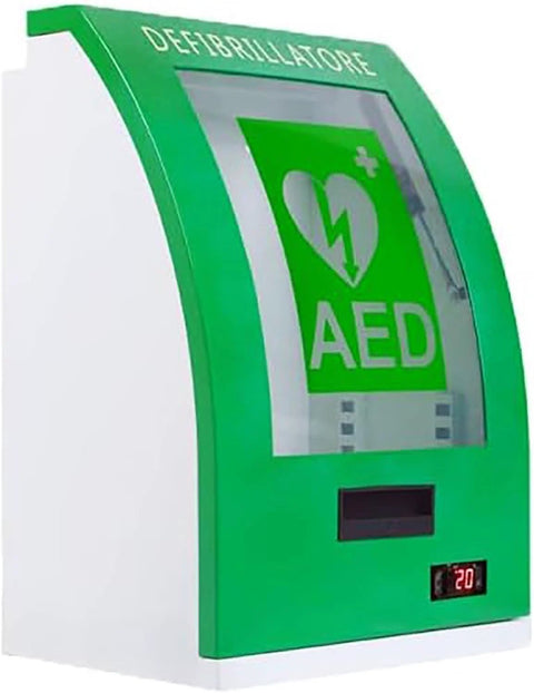 Front view of green steel AED defibrillator storage cabinet with clear window, key lock, and alarm