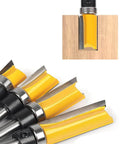 Flush Trim Router Bit Set With Top Bearing Four Piece Kit One Quarter Inch Shank Cutting Lengths Half Inch Three Quarter Inch One Inch And One Half Inch Template Guide For Woodworking Milling Cutter Tool For Plywood Hardwood Softwood, shown close-up with cutting edges and top bearings in view.