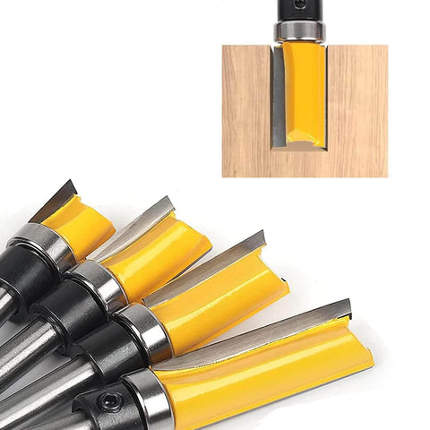 Flush Trim Router Bit Set With Top Bearing Four Piece Kit One Quarter Inch Shank Cutting Lengths Half Inch Three Quarter Inch One Inch And One Half Inch Template Guide For Woodworking Milling Cutter Tool For Plywood Hardwood Softwood, shown close-up with cutting edges and top bearings in view.