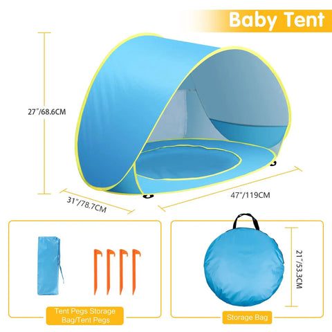 Two In One Beach Tent With Pool For Infants And Toddlers, dimensions 47x31x27 inches, comes with pegs and carry bag