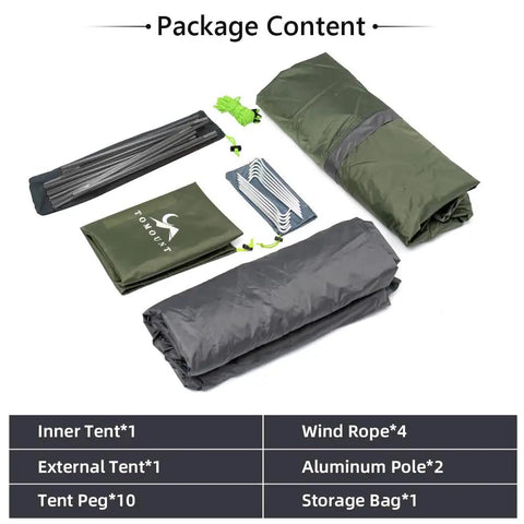 One Person Ultralight Backpacking Tent Waterproof Double Layer Free-Standing Aluminum Poles package contents displayed