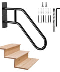Heavy Duty U Shaped Hand Rail For Outdoor Steps, Black Wall Mount Stair Support With No Sweat Install Kit, Built Tough Design For Reliable Front Porch And Backyard Deck Grip on wooden stairs.