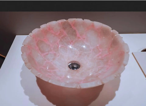 Totally Slay Rose Quartz Vessel Sink, Super Glossy Pink Quartz Wash Basin For Bathroom Vanity And Powder Room, Handmade Epoxy Countertop Basin That Goes Hard With Modern Vibes - close-up view of polished sink.