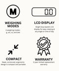 Infographic showing features of Platinum V600M Digital Jewelry Scale, including weighing modes, LCD display, compact design, warranty.