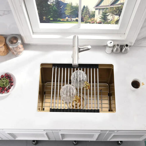 Overhead view of undermount 10 inch bar sink for your wet bar 10x18 inch stainless steel 16 gauge single bowl kitchen sink with dish grid