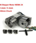 Heavy Duty 4th Axis Rotary Indexing Head With Nema 34 Stepper Motor 100mm Chuck showing stepper motor, chuck, and jaws for CNC machining.