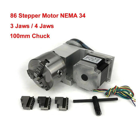 Heavy Duty 4th Axis Rotary Indexing Head With Nema 34 Stepper Motor 100mm Chuck showing stepper motor, chuck, and jaws for CNC machining.