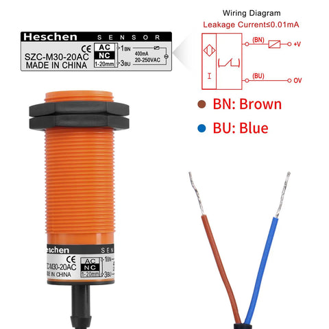 SZC M30 Capacitive Proximity Sensor Switch 20AC 20 To 250 VAC 400mA Normally Closed 2 Wire Detecting Distance 1 To 20mm Orange Housing