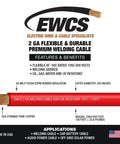 2 Gauge Premium Extra Flexible Welding Cable 600 Volt Red 15 Feet Made in USA Sunlight Resistant Water Resistant Highly Flexible 30 Gauge Copper Stranding Ships as a Coil, image showing cable features and specifications.