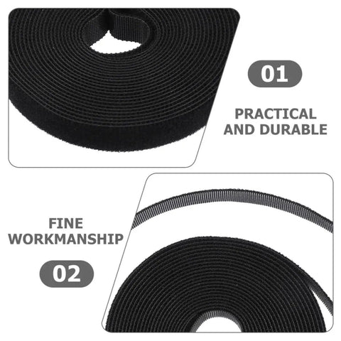 Two Rolls Of Black Reusable Self Gripping Cable Ties For Smooth Cord Organization showing durable hook and loop fabric rolls.