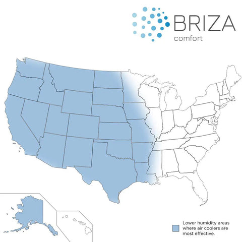 Map showing lower humidity areas where Portable Evaporative Air Cooler For Bedroom And Office Electric Standing Cooling Fan is effective.