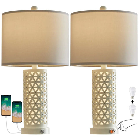 3-Way Dimmable Touch Control Dope Rustic Table Lamp Set Of 2 Vintage Farmhouse 21.25 Inch Tall Bedside Lamps With White Shade And USB Charging 2 Bulbs Included Perfect For Living Room Bedroom Nightstand Home Office