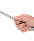 Hand holding Seven Sixteenth Inch Long Fixed And Ratcheting Box End Wrench With Dual Head 12 Point Flex Head And Fixed Head For Tight Spots