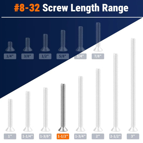 #8-32 screw length range with 1-1/2 inch highlighted, showcasing various lengths of Size Eight Thirty Two By One Half Inch Flat Head Socket Cap Screws.