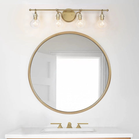 Gold Vanity Lights 4 Light Modern Bathroom Fixtures With Gourd Glass Shades above round mirror and sink.