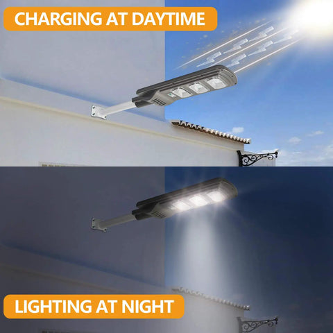 300W Outdoor Solar Street Light with motion sensor showing daylight charging and nighttime illumination installed on wall
