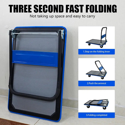Heavy Duty Workhorse Folding Platform Truck With 660 Lb Capacity, Flatbed Hand Truck On 360 Degree Swivel TPR Silent Wheels, Non Slip Utility Dolly For Moving Boxes In Warehouse Garage And Office, Durable Steel Frame Blue folded flat on wall with folding steps