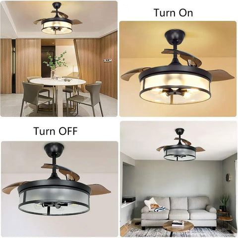 Industrial 42 Inch Ceiling Fan With Light And Retractable Blades, Vintage Acrylic Chandelier Style Ceiling Fan Light Fixture