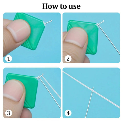 Step-by-step use of Automatic Needle Threader Set, 10 Pack For Small Eye Needles, showing threading process in four images.