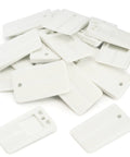 White plastic leveling shims for furniture, ribbed rectangular wedges with holes, 20-pack.
