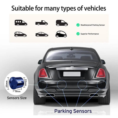 Wireless Parking Sensor System With 4 Blue Backup Sensors, LED Distance Display, rear view of car installation