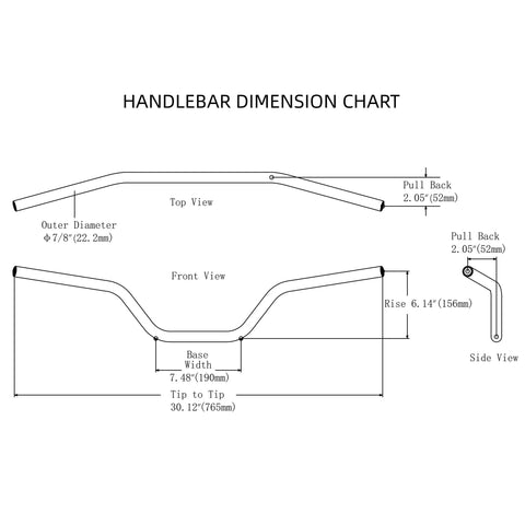 Universal Seven Eighths Inch CNC Motorcycle Handlebar And Handguards Kit dimension chart with top, front, side views