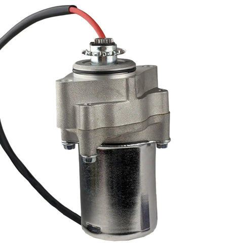 2-Bolt Lower Mount Starter Motor For 50cc To 125cc 4-Stroke ATVs, Dirt Bikes, Go Karts, Quads close-up on silver housing