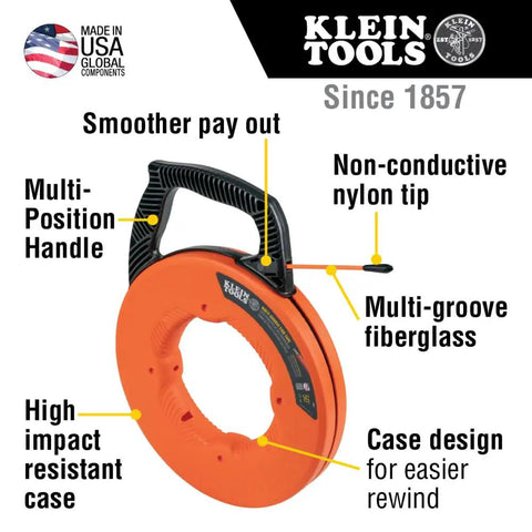 Non Conductive Electrical Fish Tape With Multi Groove Fiberglass Wire Puller Nylon Tip And Pro Grade Housing And Handle For Smooth Feeding In Conduits 100 Foot with labeled features