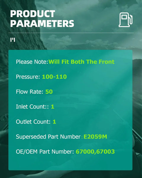 Product parameters for E2000 Fuel Pump Electrical High Performance Replacement Kit For Ford Aerostar Bronco including pressure and flow rate.