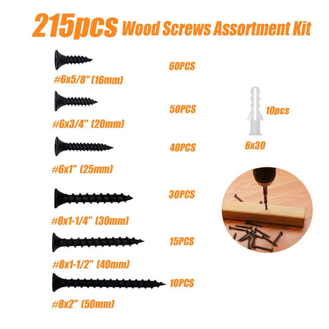 Assorted Wood And Drywall Screws Kit With 215 Pieces And 100 Anchors, Screws In Two Inch, One And A Half Inch, One And A Quarter Inch, One Inch, Three Quarter Inch, And Five Eighth Inch Sizes For Wood, Drywall, And DIY Home Repairs, with black screws and plastic anchors