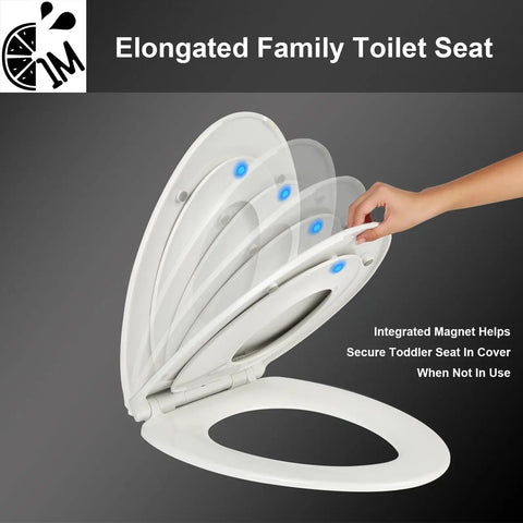 Top Tier Elongated Toilet Seat With Butter Smooth Slow Close Hinges, showcasing integrated magnetic toddler insert.