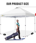 10x10 Pop Up Canopy Tent With Patented CenterLok One Push Setup, woman carrying STO N GO Bag for easy storage, three height settings