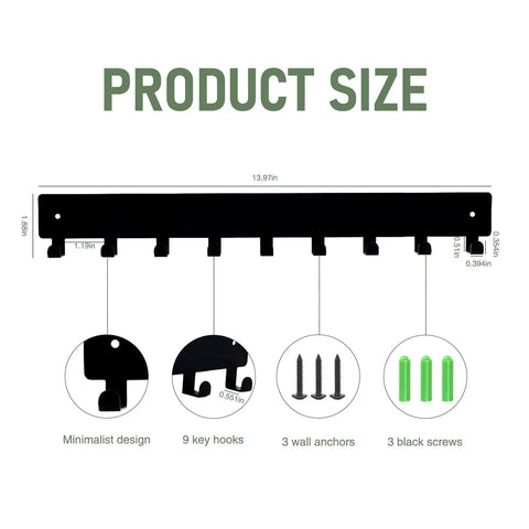 Key Holder Wall Mounted With 18 Hooks Space Saving Sleek Metal Key Organizer Rack Black Key Hanger product size details