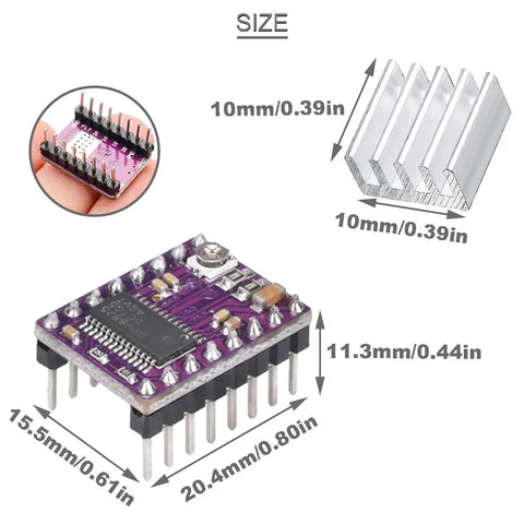 Fire Up Your Rig With This Solid DRV8825 Stepper Motor Driver 6 Pack showing size dimensions and heat sink details.