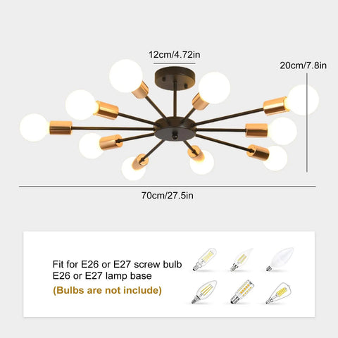 Dimensions and bulb compatibility of Dope Sputnik Ceiling Light Semi Flush Mount 10 Light E26 Base Modern Black And Gold Chandelier