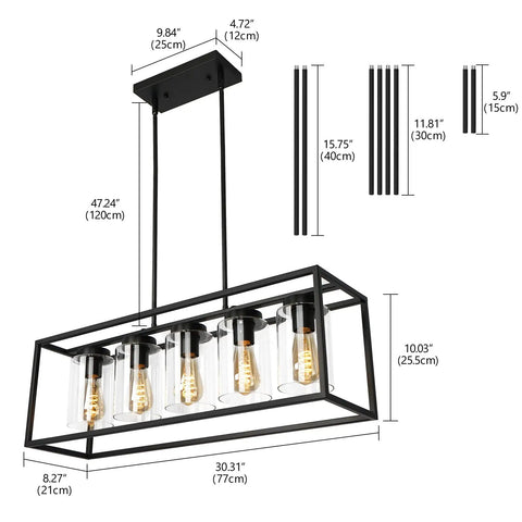 Black Farmhouse Style 5-Light Rectangle Chandelier With Glass Shades dimensions and measurements, 30 inch by 10 inch.