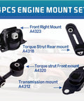 Engine And Transmission Mount Kit For 2007-2012 Nissan Versa 1.8L And 2009-2014 Nissan Cube 1.8L Direct Fit Replacement Set Of 4 OE A4312 A4318 A4320 A4323 Built To Last displayed on white background with labels for each mount.