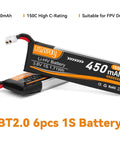 Six Pack 1S FPV Battery 3.8V 450mAh 150C BT2.0 Connector For Tiny Whoop And Brushless Whoop Drones High Performance LiPo