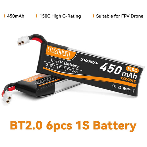 Six Pack 1S FPV Battery 3.8V 450mAh 150C BT2.0 Connector For Tiny Whoop And Brushless Whoop Drones High Performance LiPo