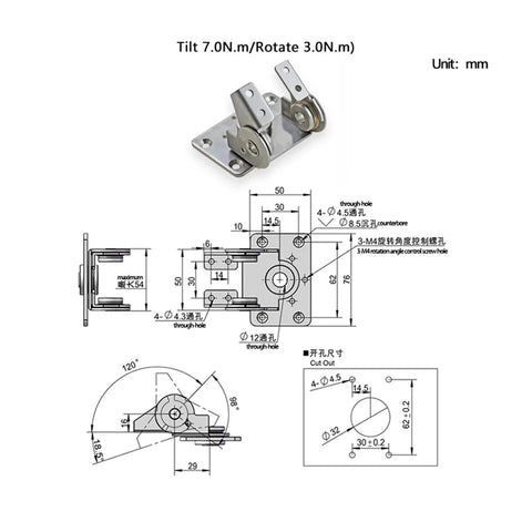 304 stainless steel adjustable torque hinge with dual axes; rotating tilting, mounting plate with four through holes