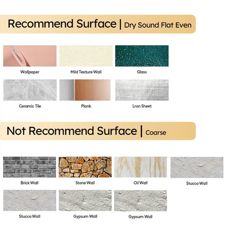 Recommended and not recommended surfaces for Peel And Stick Beveled Mirror Subway Tiles Silver 4x12 Inch installation guide.