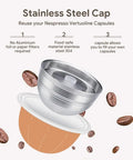Stainless Steel Reusable Coffee Pods Compatible With Vertuo Next Empty Aluminum Pods In 80ml 150ml And 230ml Sizes 6 Pack Plus 1 Tamper For Easy Refills And Eco Friendly Barista At Home Brews, stainless steel cap on aluminum pod.