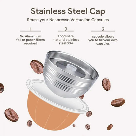 Stainless Steel Reusable Coffee Pods Compatible With Vertuo Next Empty Aluminum Pods In 80ml 150ml And 230ml Sizes 6 Pack Plus 1 Tamper For Easy Refills And Eco Friendly Barista At Home Brews, stainless steel cap on aluminum pod.