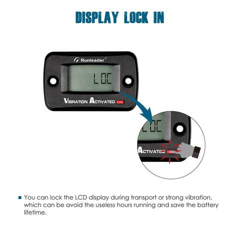 Digital Vibration Hour Meter For Gear Maintenance With Built In Sensor No Wiring Needed 3 Adjustable Sensitivities Low Medium High Easy To Track Run Time And Calibrate Hours On Your Gear, LCD display lock