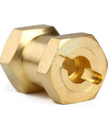 Beefed Up Brass RC Hex Hub Extension For 12mm Wheels, 1/10 Scale Crawler Hex Drive Adapter, close-up view of brass finish