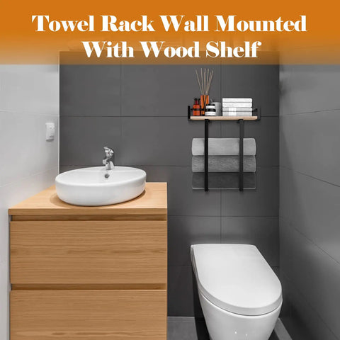 Wall Mounted Towel Rack With Wooden Shelf For Folding Large Towels Metal Towel Holder Perfect For Small Bathrooms Apartments RVs And Campers Space Saving Bathroom Organizer Decor For Any Wall in modern bathroom